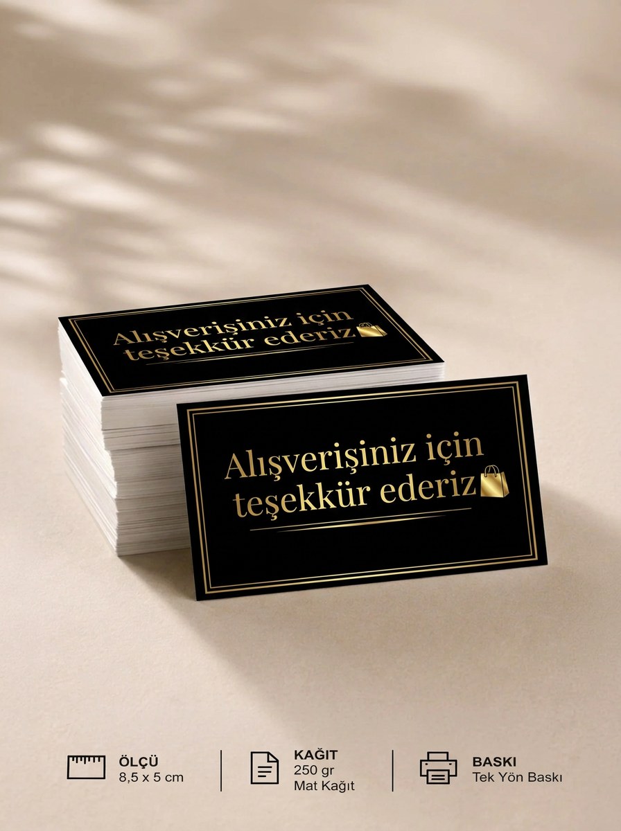 "Alışverişiniz için teşekkür ederiz" Teşekkür Kartı 8×5 cm – Lüks