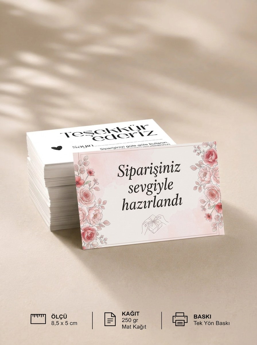 "Siparişiniz sevgiyle hazırlandı" Teşekkür Kartı 8×5 cm – Çiçekli