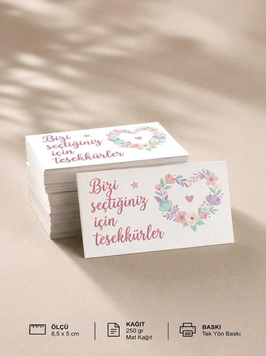 "Bizi seçtiğiniz için teşekkürler" Teşekkür Kartı 8×5 cm – Çiçekli kalpli