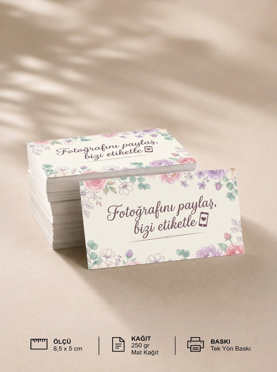 "Fotoğrafını paylaş, bizi etiketle" Teşekkür Kartı 8×5 cm – Çiçekli