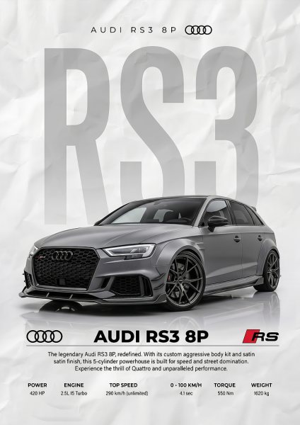 A sleek grey audi rs3 Car Araba Posteri – Duvar Tablosu duvarda gerçek ölçek