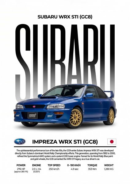 A vibrant Subaru Impreza STI GC8 Araba Posteri – Duvar Tablosu duvarda gerçek ölçek