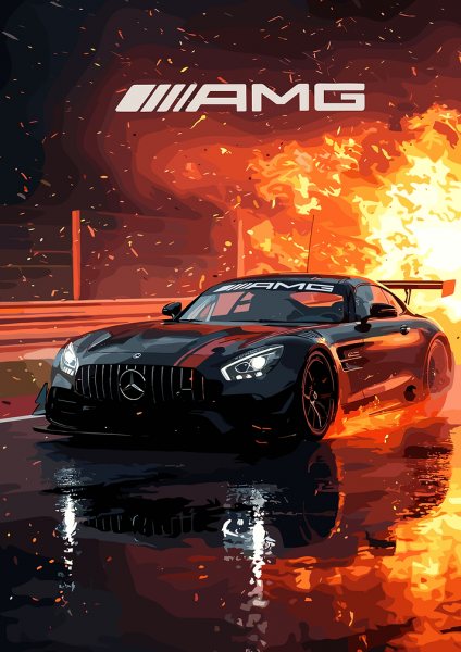 AMG Race Car on Fire Araba Posteri – Duvar Tablosu duvarda gerçek ölçek
