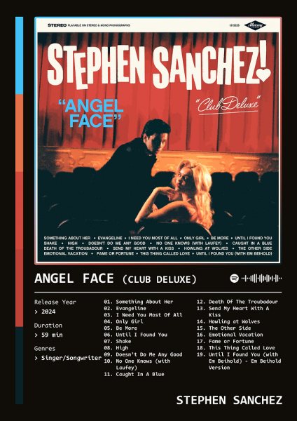 Angel Face (2024) Album by Stephen Sanchez Müzik Posteri – Duvar Tablosu duvarda gerçek ölçek