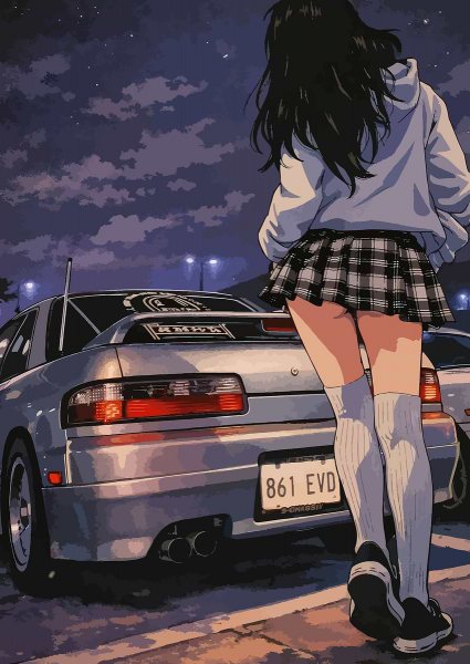 Anime Girl and Sports Car at Night Araba Posteri – Duvar Tablosu