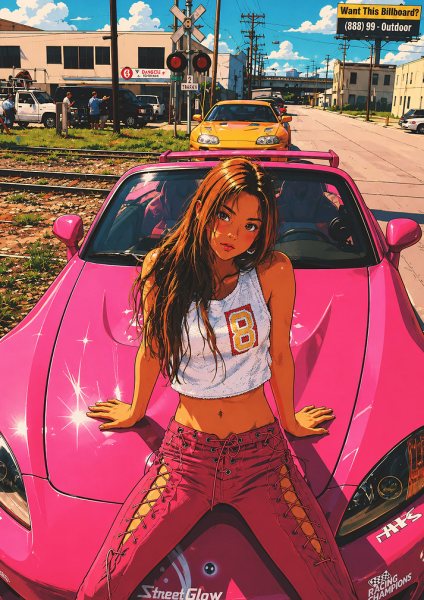 Anime Girl on Pink Sports Car Araba Posteri – Duvar Tablosu duvarda gerçek ölçek