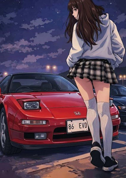 Anime girl with red honda nsx at night Araba Posteri – Duvar Tablosu