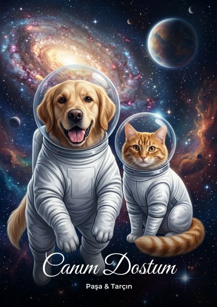 Astronot Kedi & Köpek Portresi Posteri