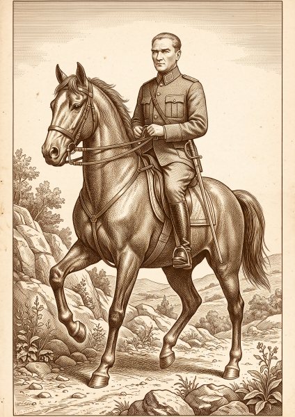 Atlı Atatürk Posteri – Gravür / botanik Duvar Tablosu duvarda gerçek ölçek