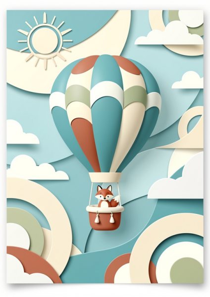 Balonla Gezen Tilki Posteri – Boho Duvar Tablosu