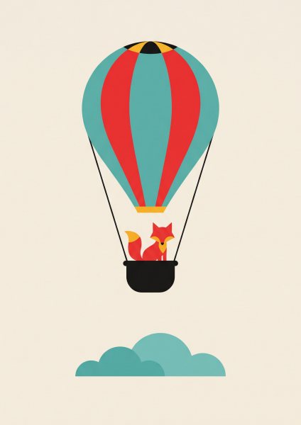 Balonla Gezen Tilki Posteri – Minimal Duvar Tablosu
