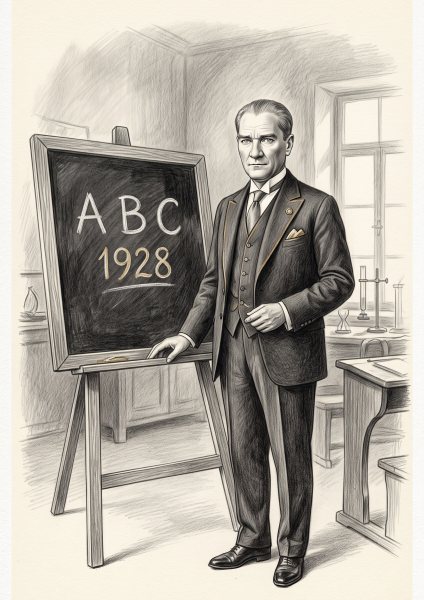 Başöğretmen Atatürk Posteri – Karakalem Duvar Tablosu duvarda gerçek ölçek