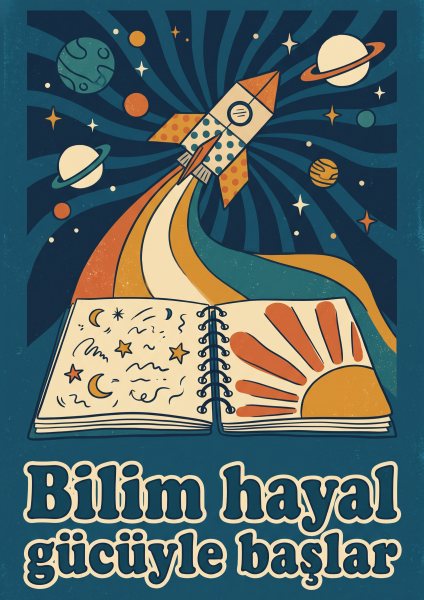 Bilim Hayal Gücüyle Başlar Posteri – Retro Duvar Tablosu duvarda gerçek ölçek