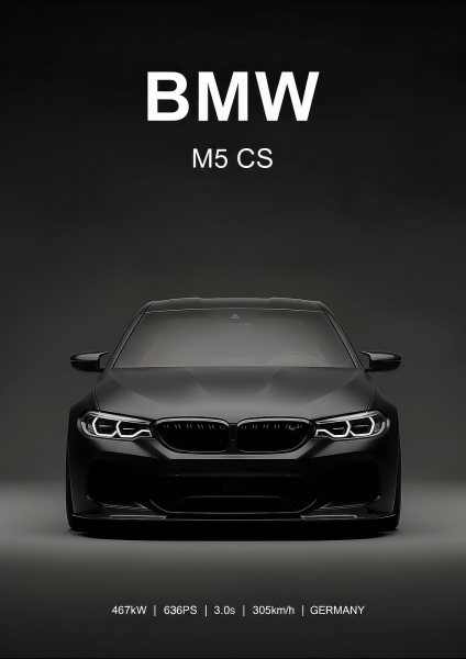 black BMW M5 CS Car Portrait Araba Posteri – Duvar Tablosu duvarda gerçek ölçek