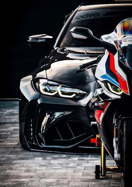Black Car and Motorcycle Duo Araba Posteri – Duvar Tablosu duvarda gerçek ölçek