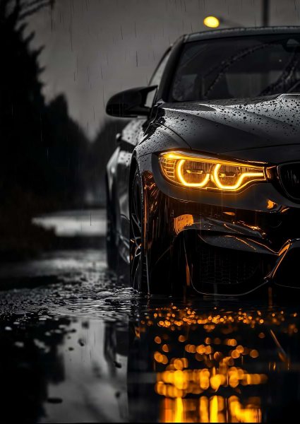Black Car in Rain with Lights On Araba Posteri – Duvar Tablosu duvarda gerçek ölçek