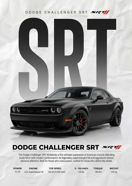 black Dodge Challenger SRT car Araba Posteri – Duvar Tablosu duvarda gerçek ölçek