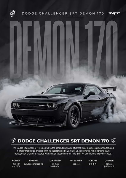 black Dodge Challenger SRT Demon 170 car Araba Posteri – Duvar Tablosu duvarda gerçek ölçek