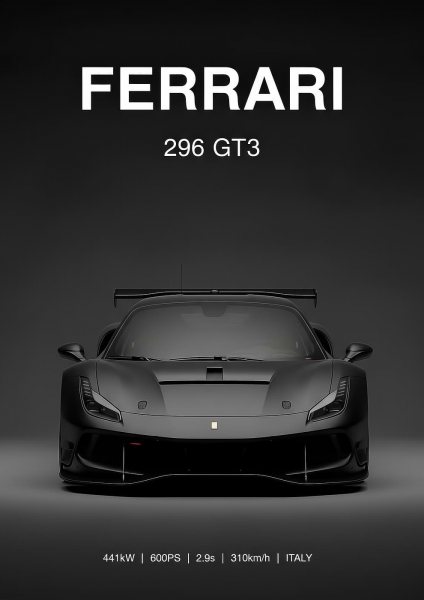 black Ferrari 296 GT3 Race Car Araba Posteri – Duvar Tablosu