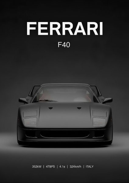 black Ferrari F40 Front View Araba Posteri – Duvar Tablosu duvarda gerçek ölçek