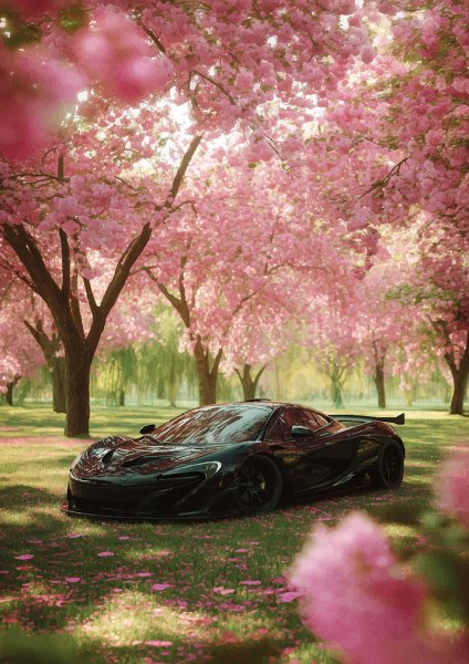 Black McLaren P1 Under Cherry Blossoms Araba Posteri – Duvar Tablosu