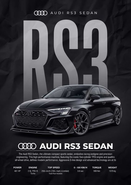 black sleek Audi RS3 Sedan car Araba Posteri – Duvar Tablosu duvarda gerçek ölçek