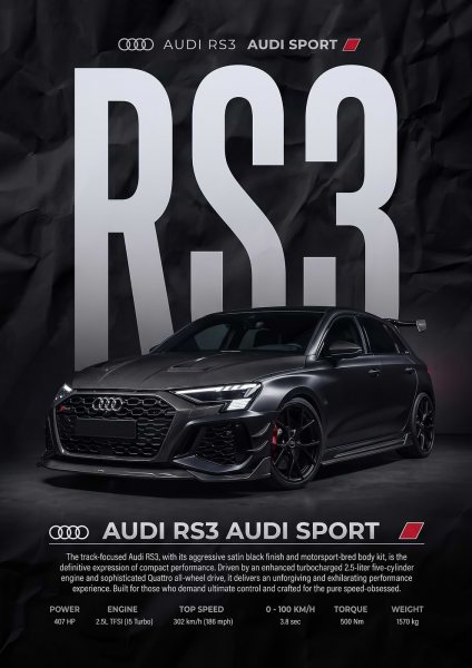black sleek Audi RS3 Sport Performance Araba Posteri – Duvar Tablosu duvarda gerçek ölçek