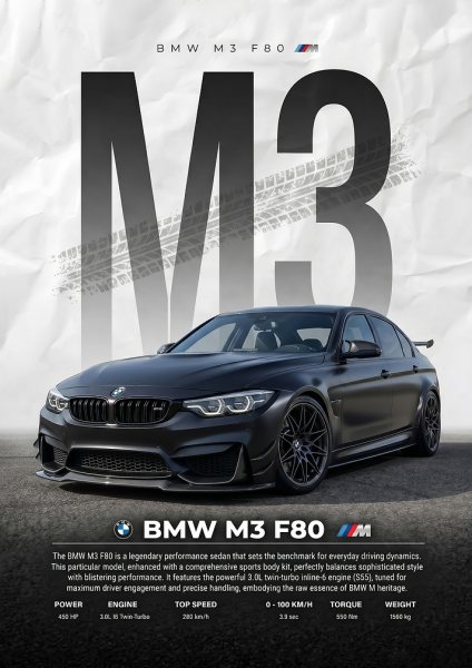 black sleek BMW M3 F80 car Araba Posteri – Duvar Tablosu
