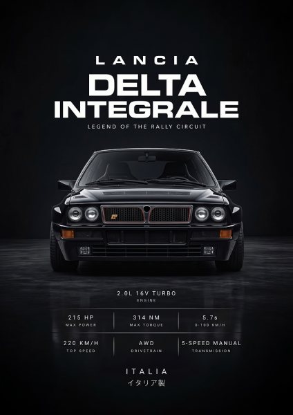 black sleek Delta Integrale Rally Legend Araba Posteri – Duvar Tablosu duvarda gerçek ölçek