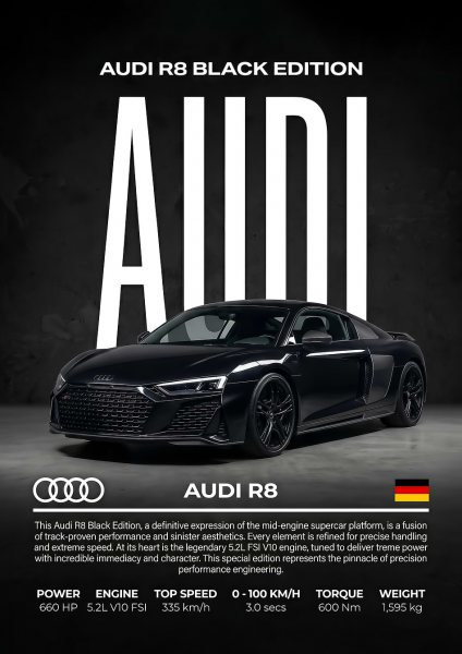 black sleek R8 Black Edition car Araba Posteri – Duvar Tablosu duvarda gerçek ölçek