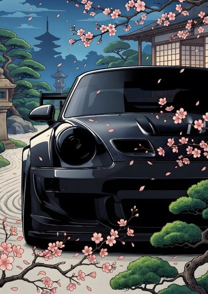 Black Sports Car in Japanese Garden Araba Posteri – Duvar Tablosu poster görseli