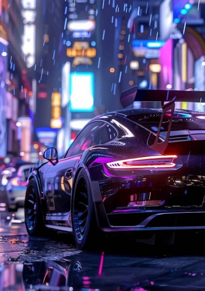 Black Sports Car in Neon City Araba Posteri – Duvar Tablosu duvarda gerçek ölçek