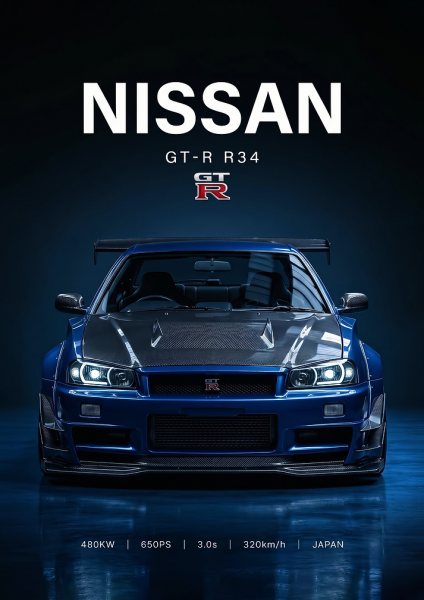 blue angry Nissan GT-R R34 sleek car Araba Posteri – Duvar Tablosu
