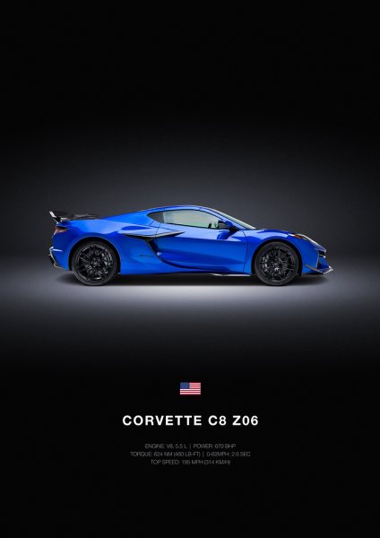 Blue Corvette C8 Z06 Car Araba Posteri – Duvar Tablosu duvarda gerçek ölçek