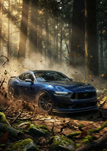 Blue Ford Mustang Dark Horse in Forest Rally Araba Posteri – Duvar Tablosu duvarda gerçek ölçek