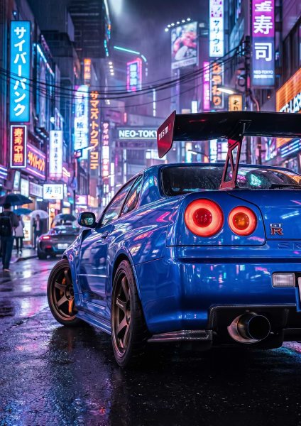 Blue Nissan GT-R r34 in Neon cyberpunk Tokyo Araba Posteri – Duvar Tablosu duvarda gerçek ölçek