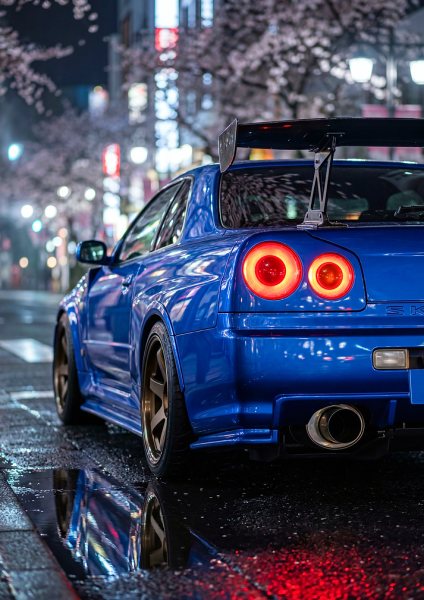 Blue Nissan Gtr R34 Cherry blossom Araba Posteri – Duvar Tablosu