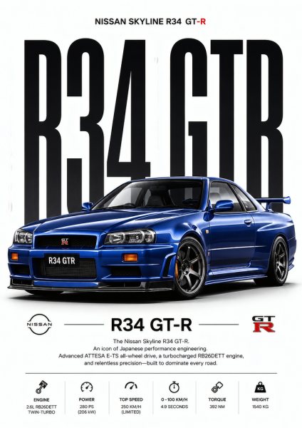 Blue Nissan Skyline R34 GT-R Car Araba Posteri – Duvar Tablosu