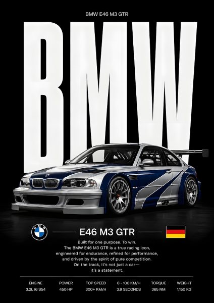 BMW E46 M3 GTR, Car Araba Posteri – Duvar Tablosu duvarda gerçek ölçek