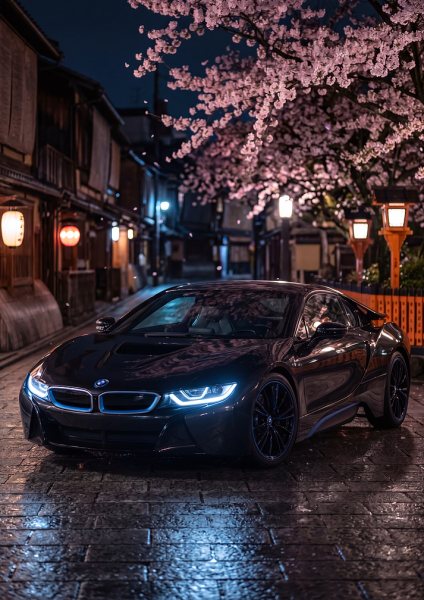 BMW i8 in Cherry Blossom Alley Araba Posteri – Duvar Tablosu duvarda gerçek ölçek