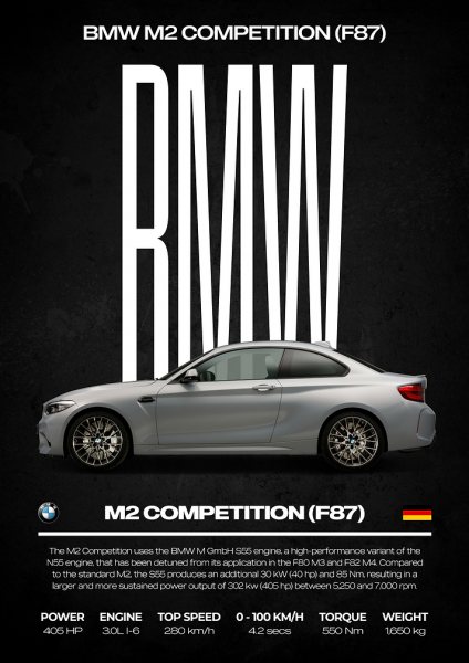 BMW M2 Competition (F87) Araba Posteri – Duvar Tablosu duvarda gerçek ölçek