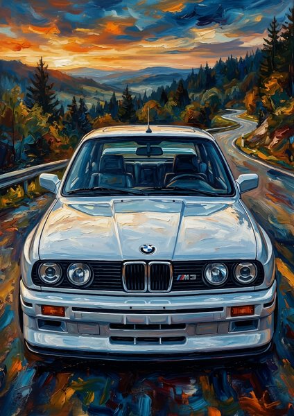 BMW M3 E30 on a Mountain Road Araba Posteri – Duvar Tablosu duvarda gerçek ölçek
