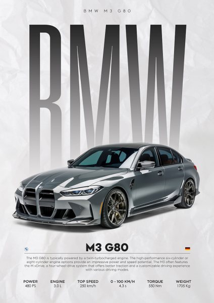 BMW M3 G80 Araba Posteri – Duvar Tablosu duvarda gerçek ölçek