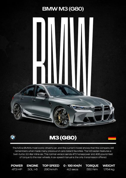 BMW M3 (G80) Car Araba Posteri – Duvar Tablosu duvarda gerçek ölçek