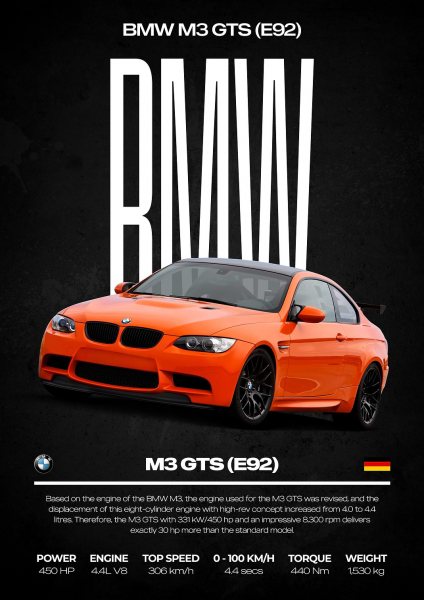 BMW M3 GTS (E92) Car Araba Posteri – Duvar Tablosu