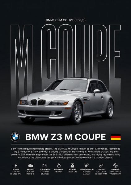 BMW Z3 M Coupe Araba Posteri – Duvar Tablosu duvarda gerçek ölçek