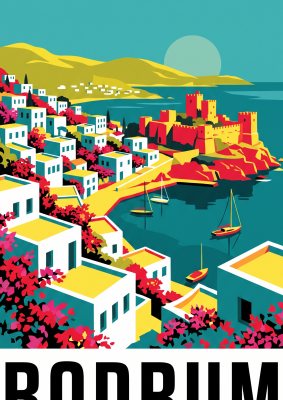 Bodrum Beyaz Evler Poster – Seyahat afişi (A4 / A3, Çerçeveli – Çerçevesiz)