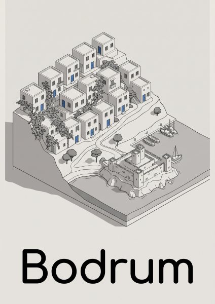 Bodrum Beyaz Evler Posteri – İzometrik 3D Duvar Tablosu