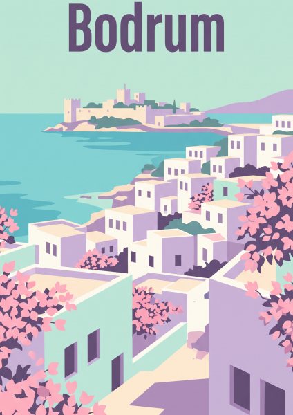 Bodrum Beyaz Evler Posteri – Seyahat afişi Duvar Tablosu
