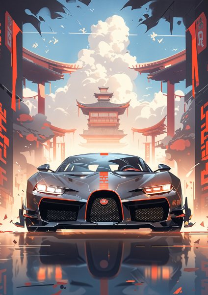 Bugatti in Japanese City Araba Posteri – Duvar Tablosu duvarda gerçek ölçek